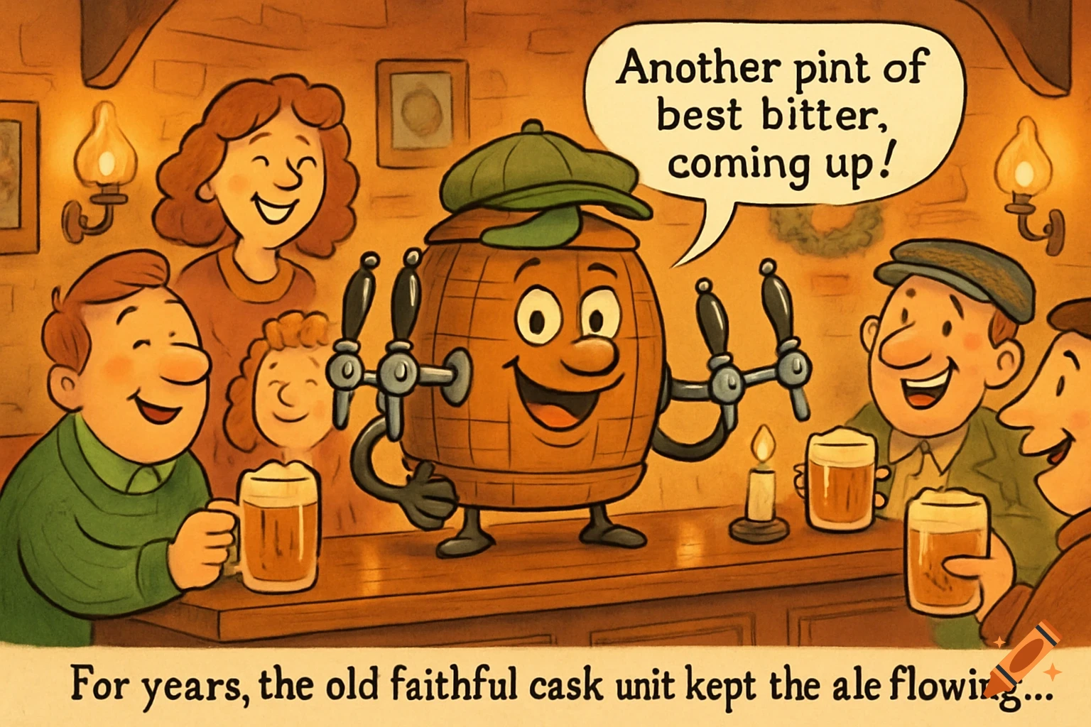 A cheerful cartoon pub scene with smiling patrons and an anthropomorphic beer cask with taps for arms, serving drinks. Texts include a speech bubble and a caption.
