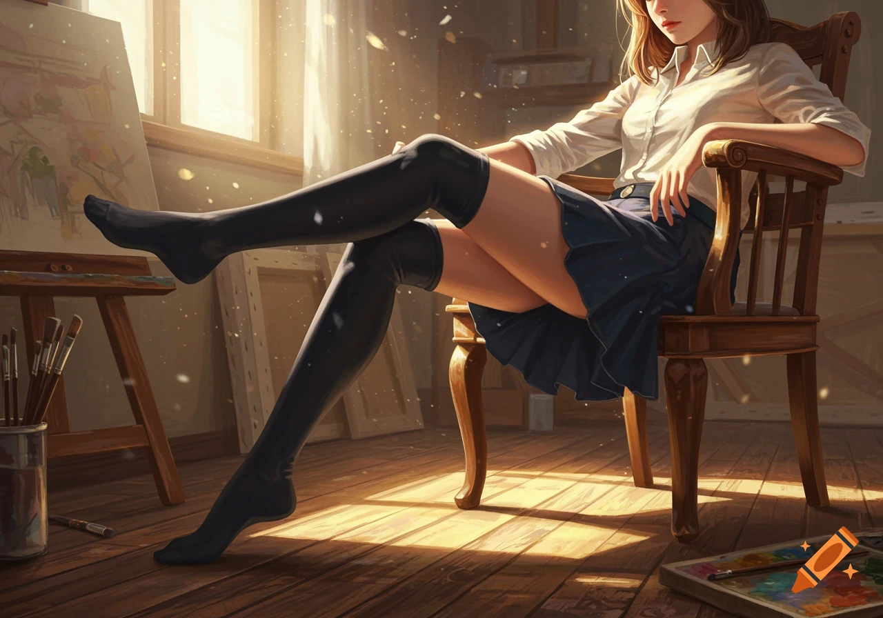 Illustrated girl with crossed legs in black thigh-high socks sits in an art studio.