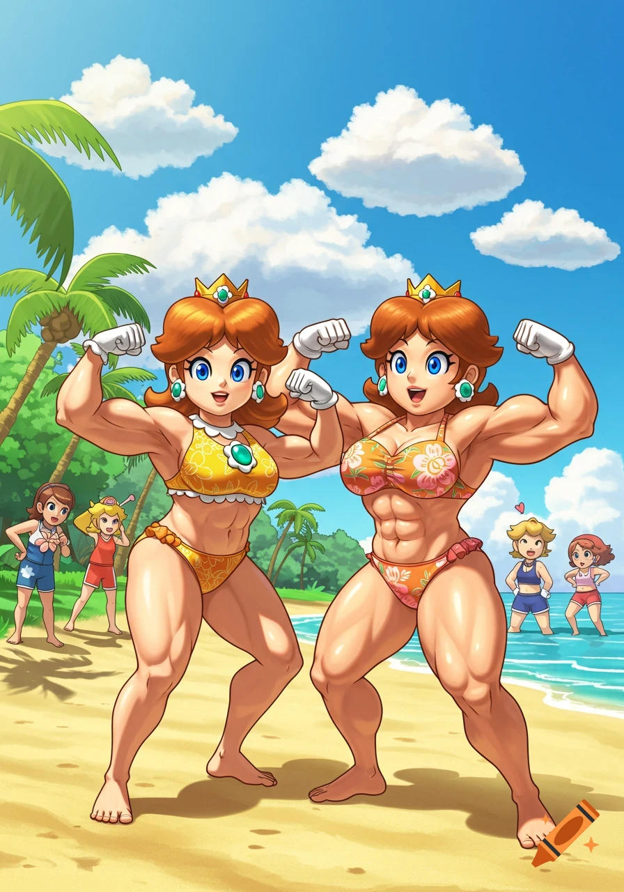 Two muscular cartoon women, resembling Princess Daisy and her mother, pose in bikinis on a sunny beach, with other characters in the background.