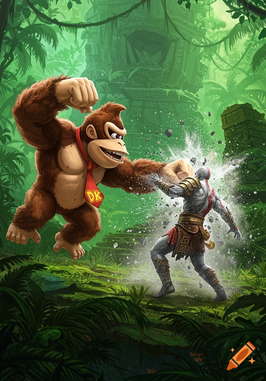 Donkey Kong punching Kratos in a lush green jungle with ancient ruins.