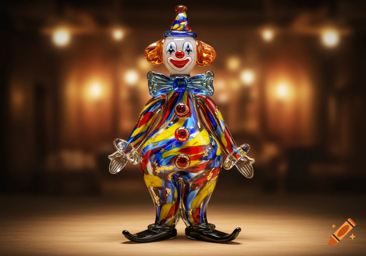A colorful vintage Murano glass clown figurine with a blue bow tie and pointed shoes, standing on a wooden surface.
