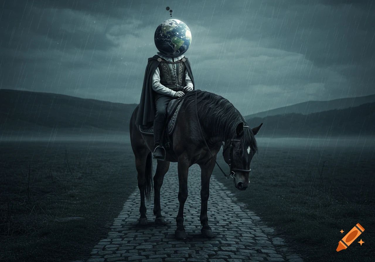 A figure with the Earth as a head, wearing a cloak, rides a dark horse on a cobblestone path in the rain, under a moody sky.