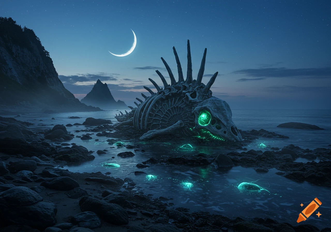 A massive glowing green-eyed fossilized creature on a rocky beach at night under a crescent moon, with bioluminescent water creatures.