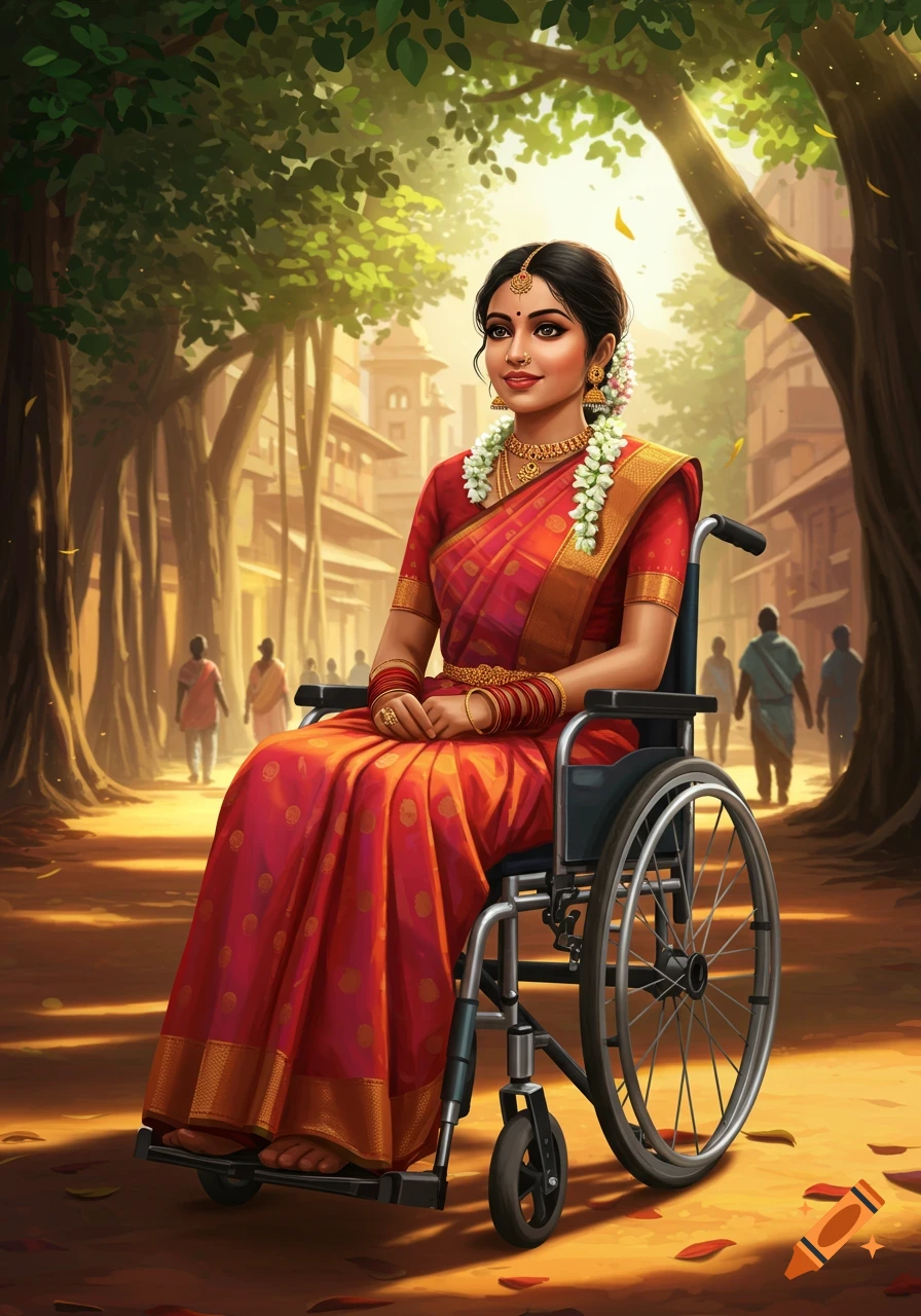 A young Indian woman in a red sari sits smiling in a wheelchair on a sunlit street lined with large trees in a digital art style.