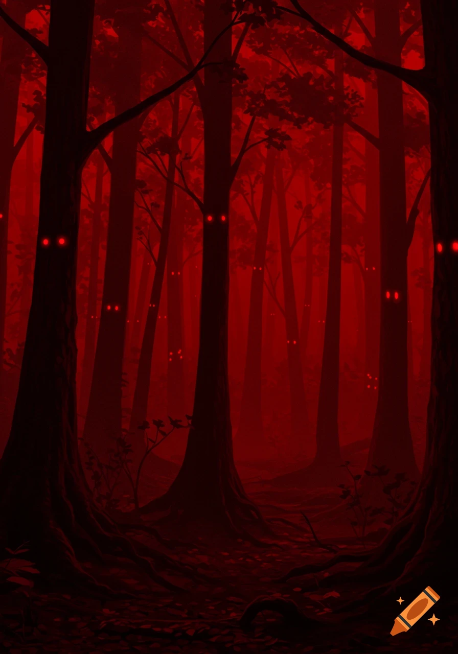 A stylized, eerie red-lit forest with numerous pairs of glowing red eyes peering from behind tree trunks.