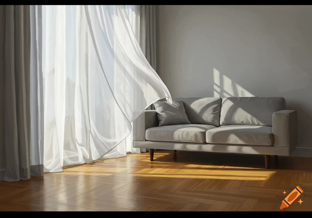 A bright room with a light gray sofa and flowing white curtains, with sunlight streaming onto the wooden floor.