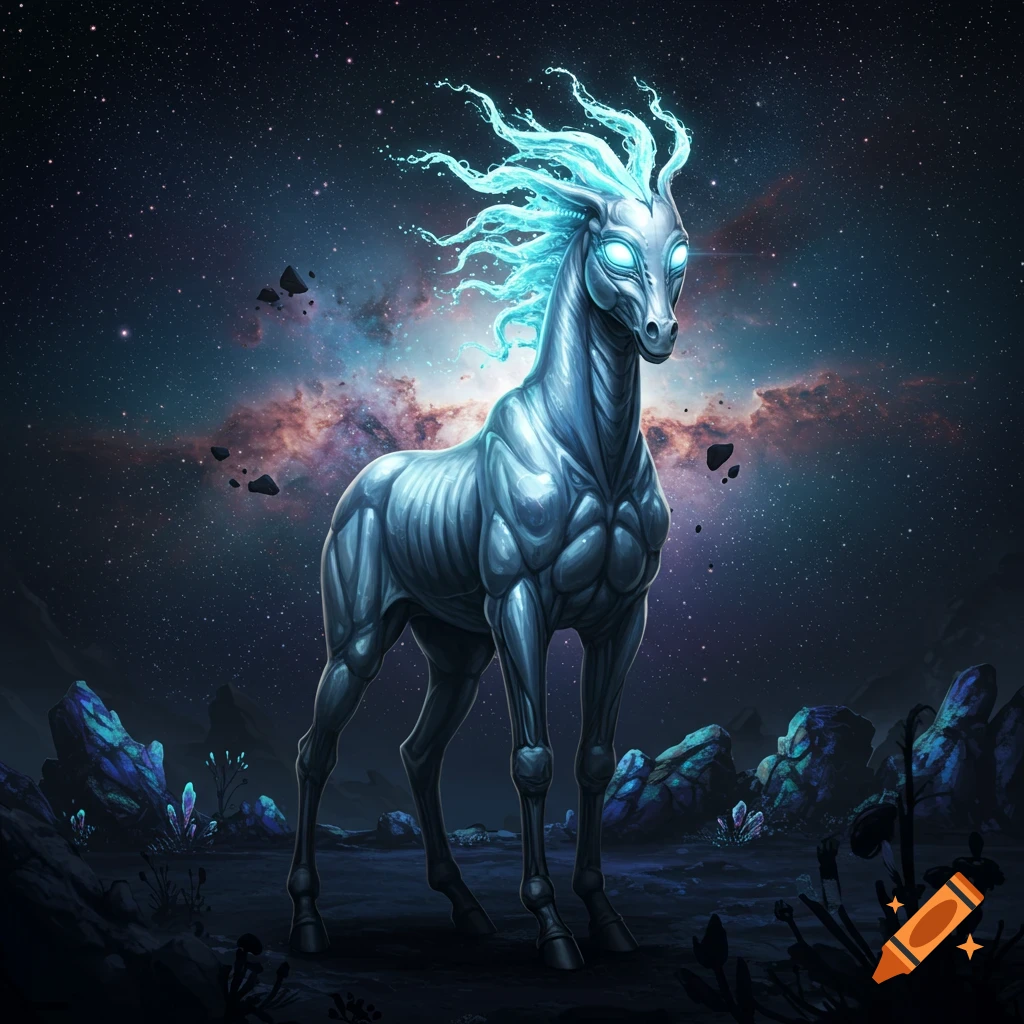 An otherworldly skeletal horse-like creature with glowing blue mane and eyes stands on a rocky alien planet under a starry sky with a nebula.
