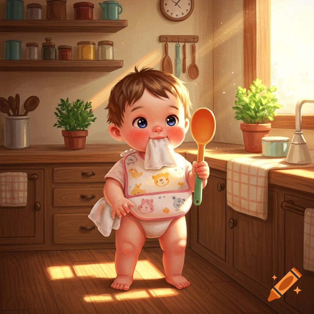 A cute illustrated baby stands in a sunlit kitchen, holding a large orange spoon and with a white washcloth in its mouth.