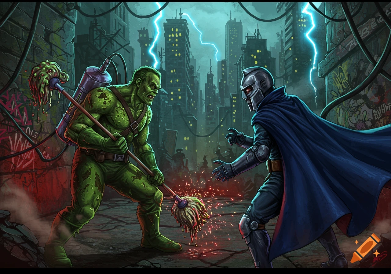 A green, muscular man with a mop fights a masked figure in armor and a blue cape in a dark, lightning-lit city. Comic art style.