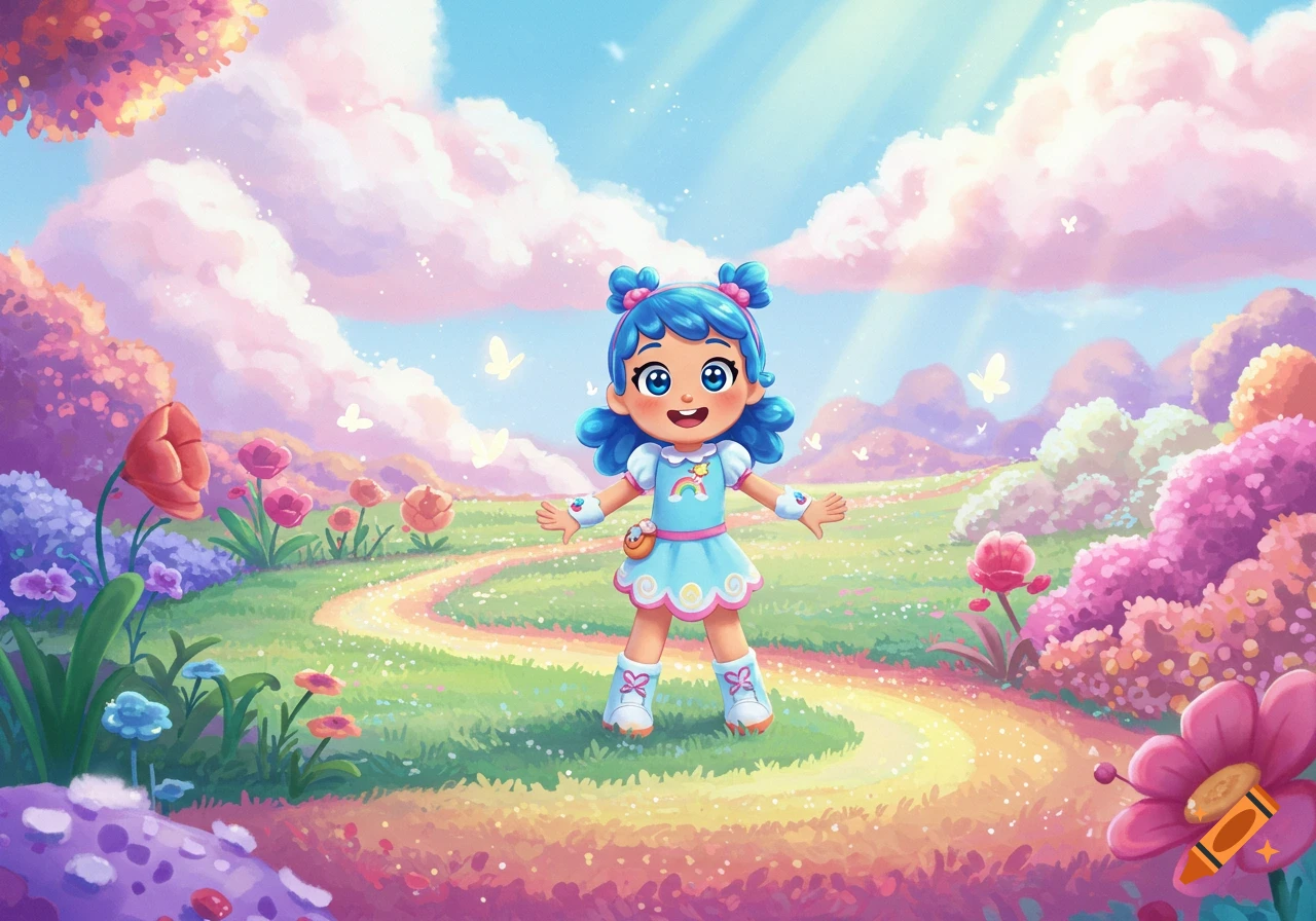 A vibrant cartoon illustration of a cheerful girl with blue hair and a light blue dress standing in a colorful fantasy landscape with flowers and a path.