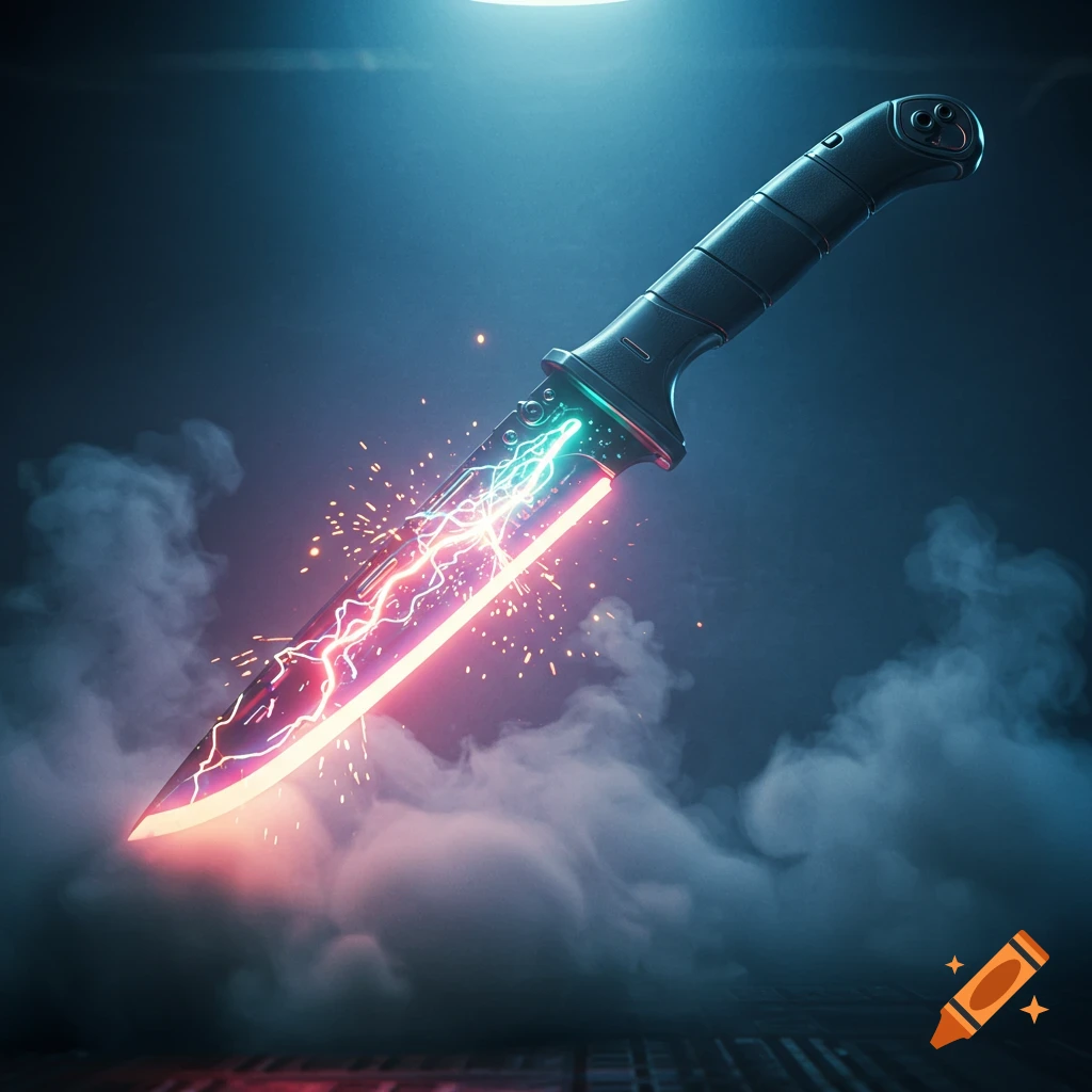 A futuristic knife with a glowing neon pink and blue blade, emitting electricity and sparks, surrounded by smoke on a dark background.