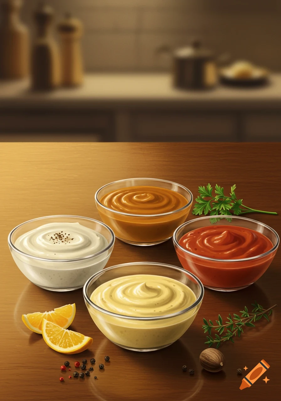 Four bowls of different sauces (white, brown, red, yellow) are arranged on a wooden table with lemon slices, herbs, and spices.