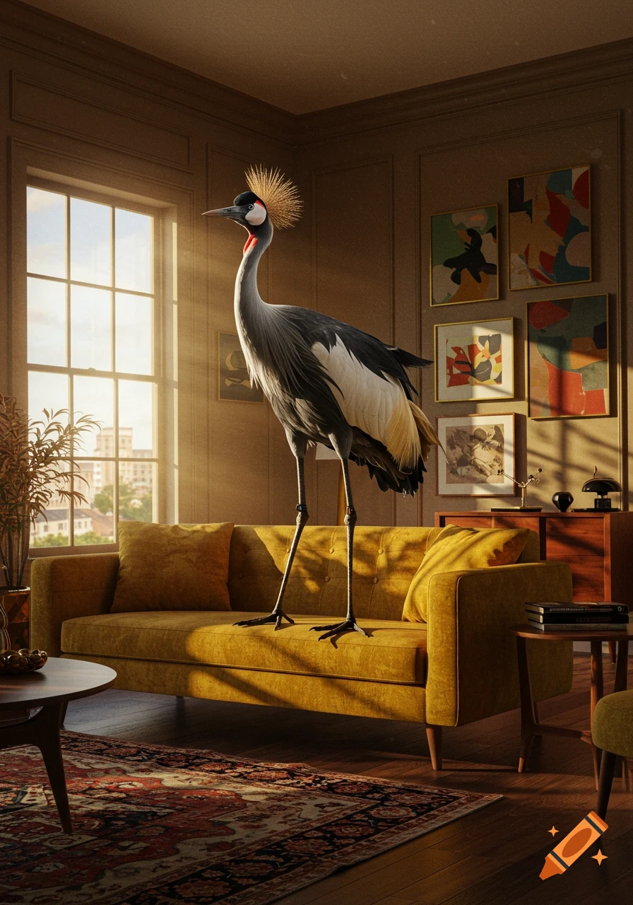 A large grey crowned crane stands on a yellow sofa in a sunlit living room with framed art and a rug.