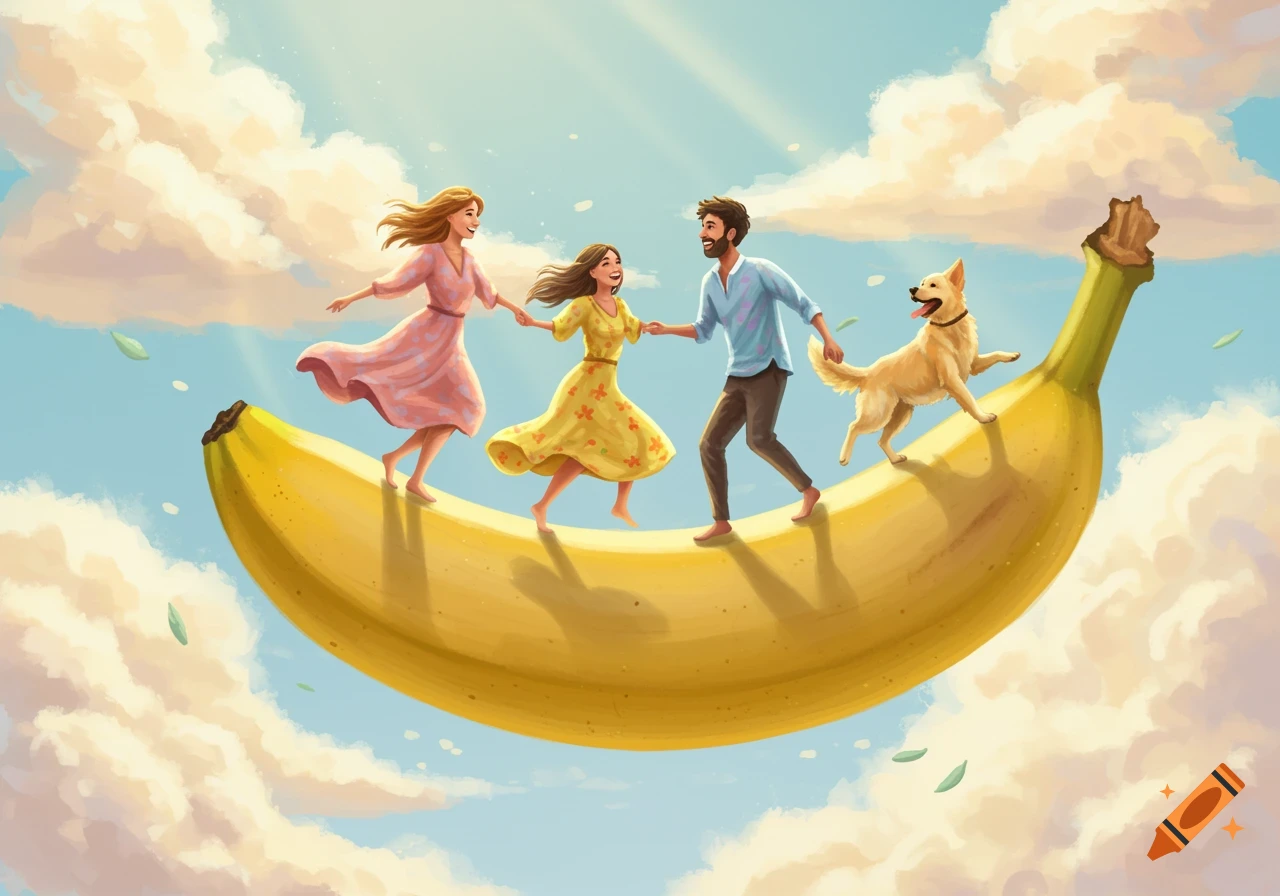 A whimsical illustration of a family and their dog walking happily on a giant banana floating through a cloudy sky.