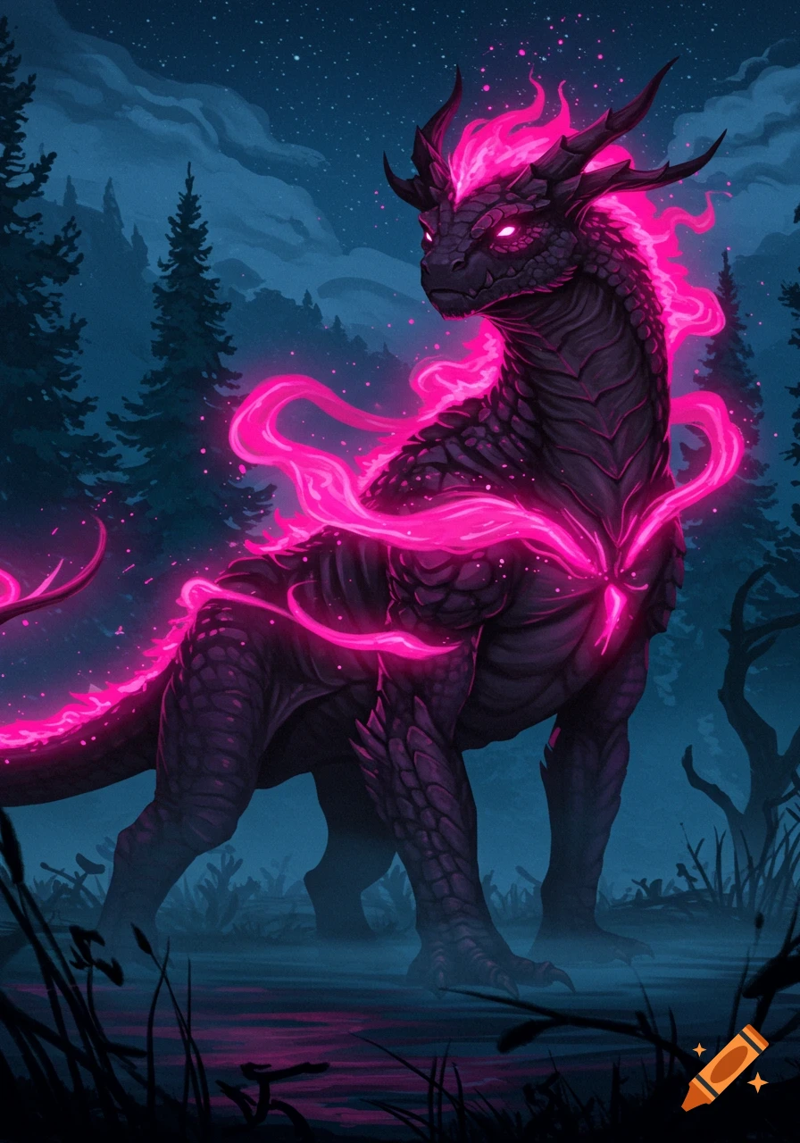 A dark, scaled dragon-like creature with glowing magenta mane and eyes in a nighttime forest with starry sky.