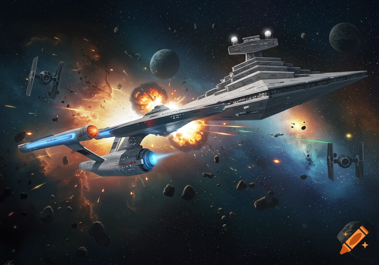 A Starship Enterprise-like vessel battles an Imperial Star Destroyer in a chaotic space scene with explosions and debris.