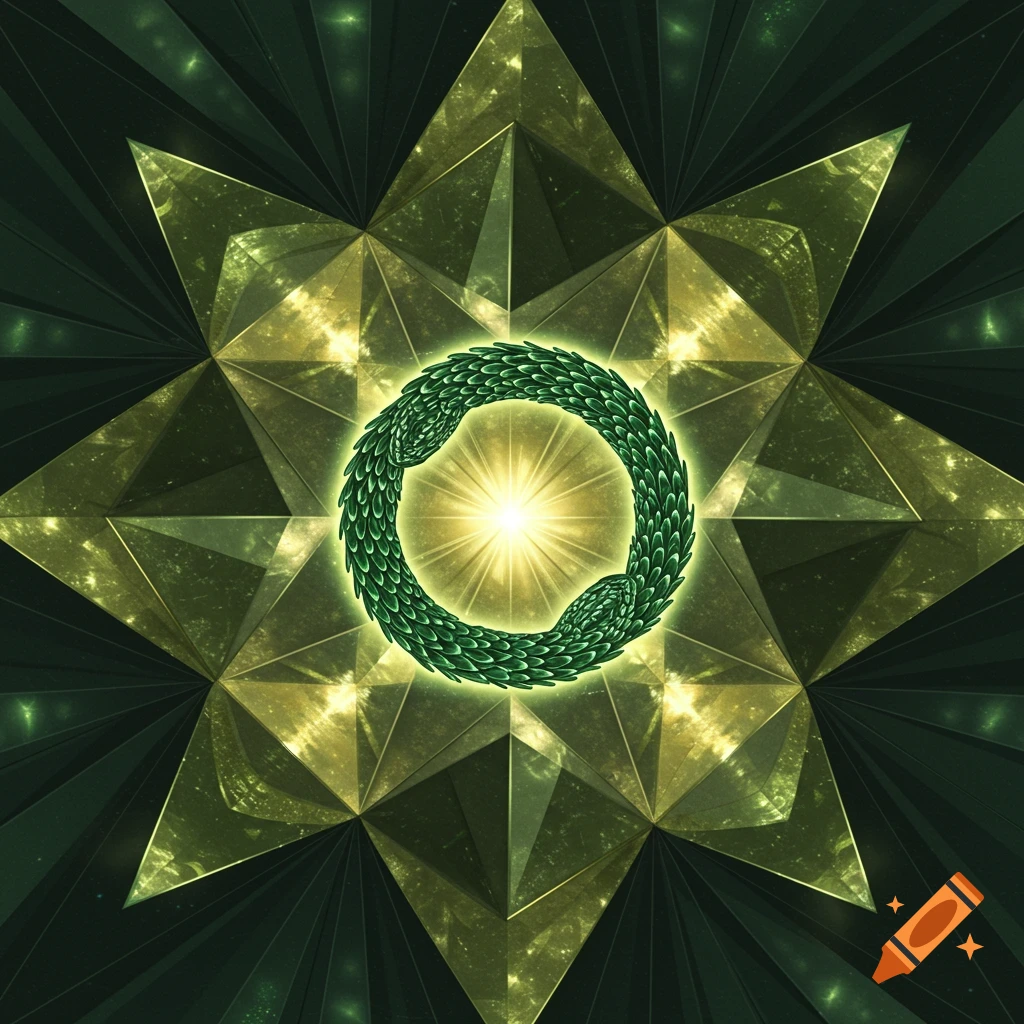 A green Ouroboros symbol glows in the center of a star-shaped pattern of mirrored green and gold triangles.