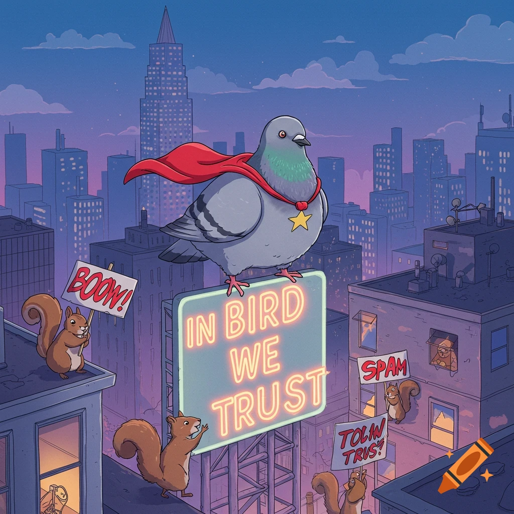 A cartoon superhero pigeon with a red cape and star medallion stands on a neon sign reading 'IN BIRD WE TRUST' on a city rooftop at dusk, surrounded by squirrels holding protest signs.
