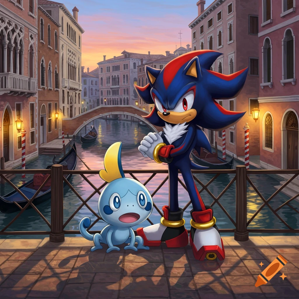 Shadow the Hedgehog and Sobble standing on a bridge overlooking a canal in Venice at sunset, rendered in an animated style.