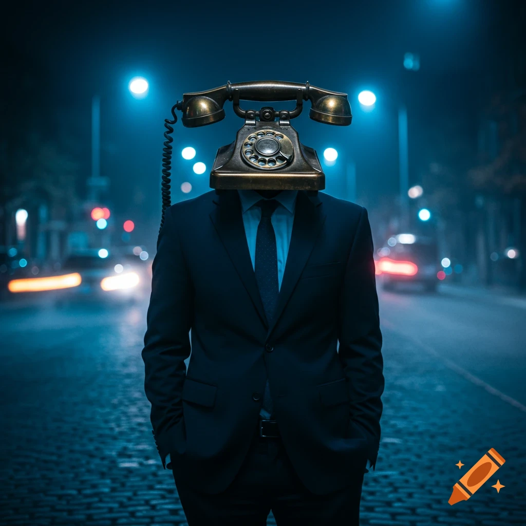A man in a dark suit with an antique brass rotary telephone for a head stands on a cobblestone street at night.
