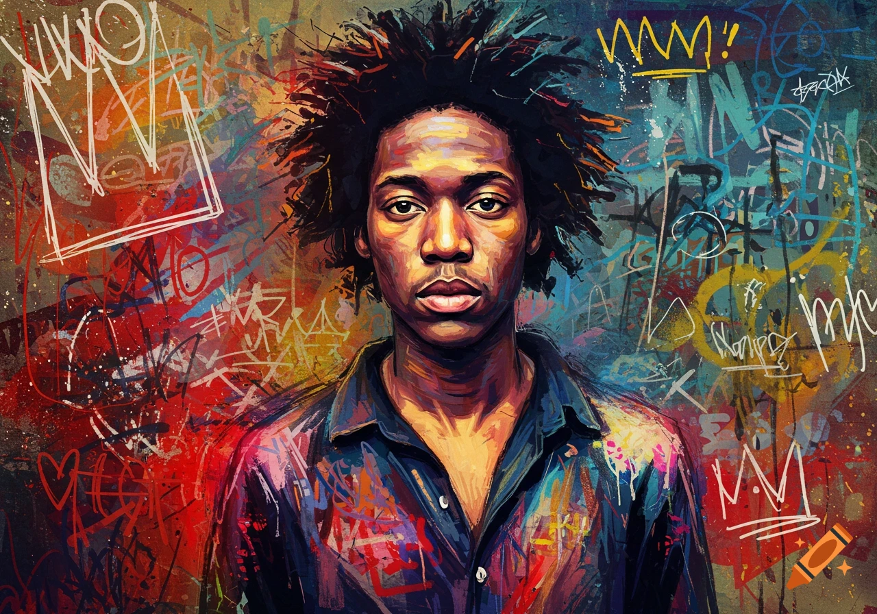 A vibrant Basquiat-style portrait of a person with an afro, set against a colorful background filled with abstract graffiti and symbols.