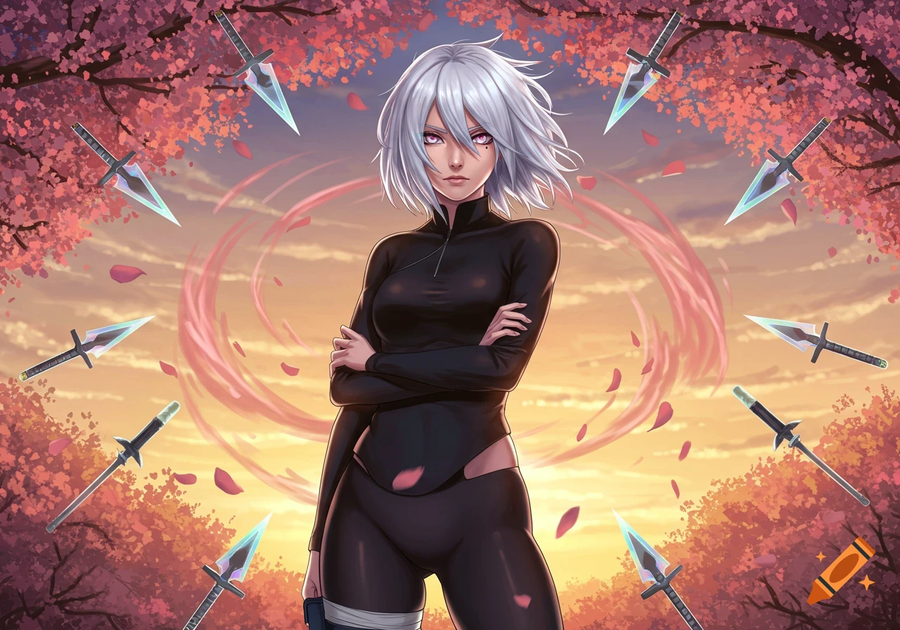 Anime female character with white hair, purple eyes, and black suit, standing with crossed arms surrounded by cherry blossoms and floating daggers against a sunset sky.