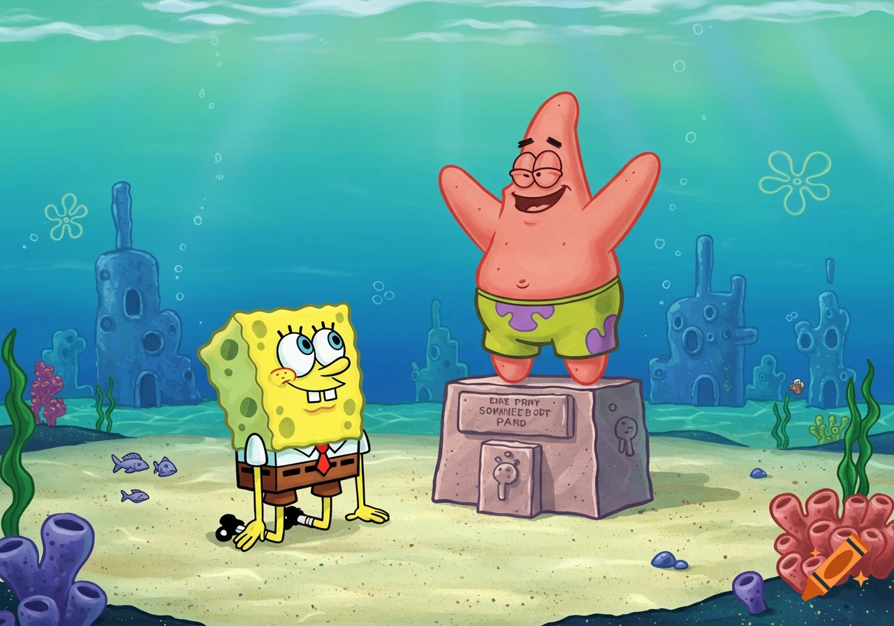 SpongeBob looks up at a happy Patrick Star statue on a pedestal underwater.