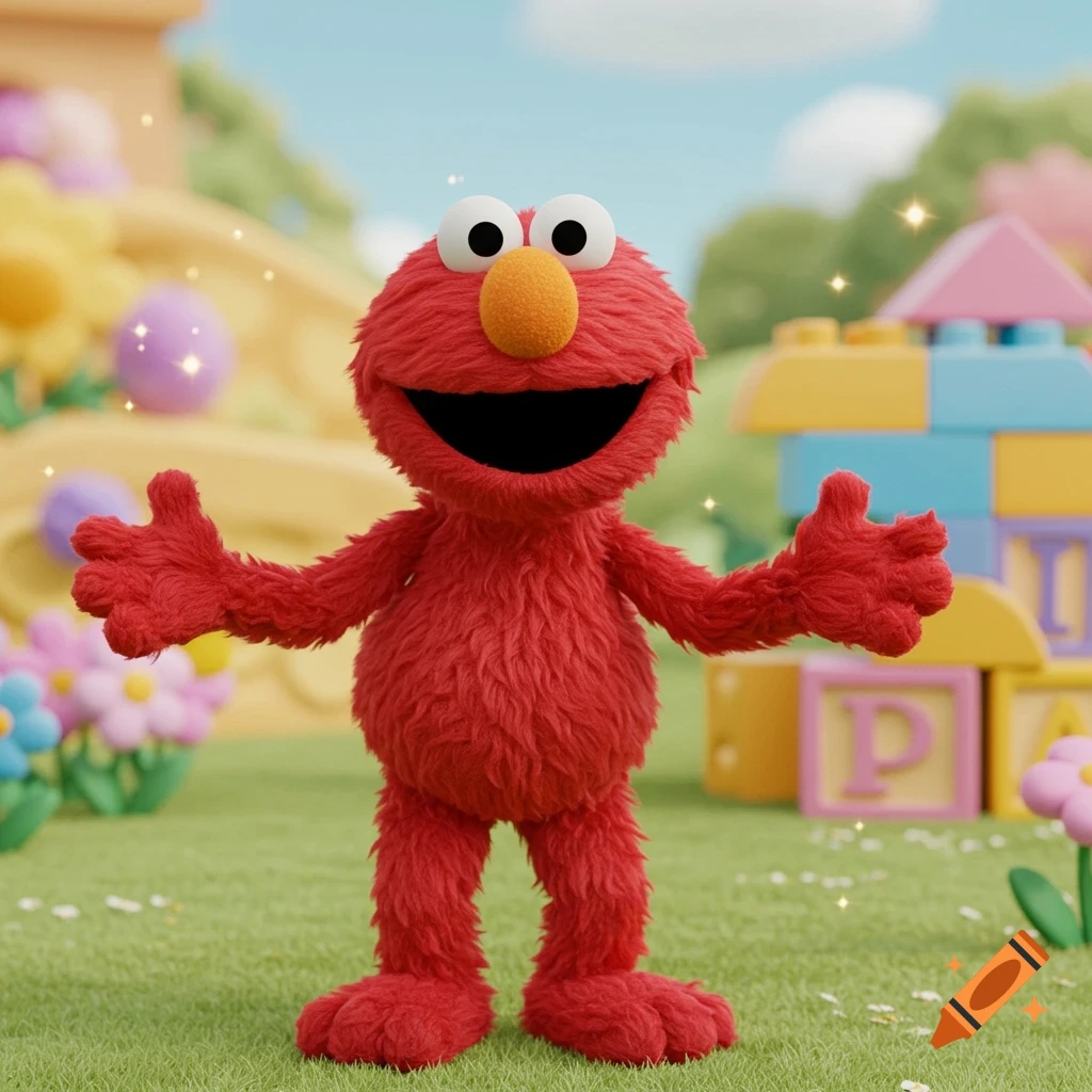 Elmo stands smiling in a vibrant outdoor setting with building blocks and flowers.