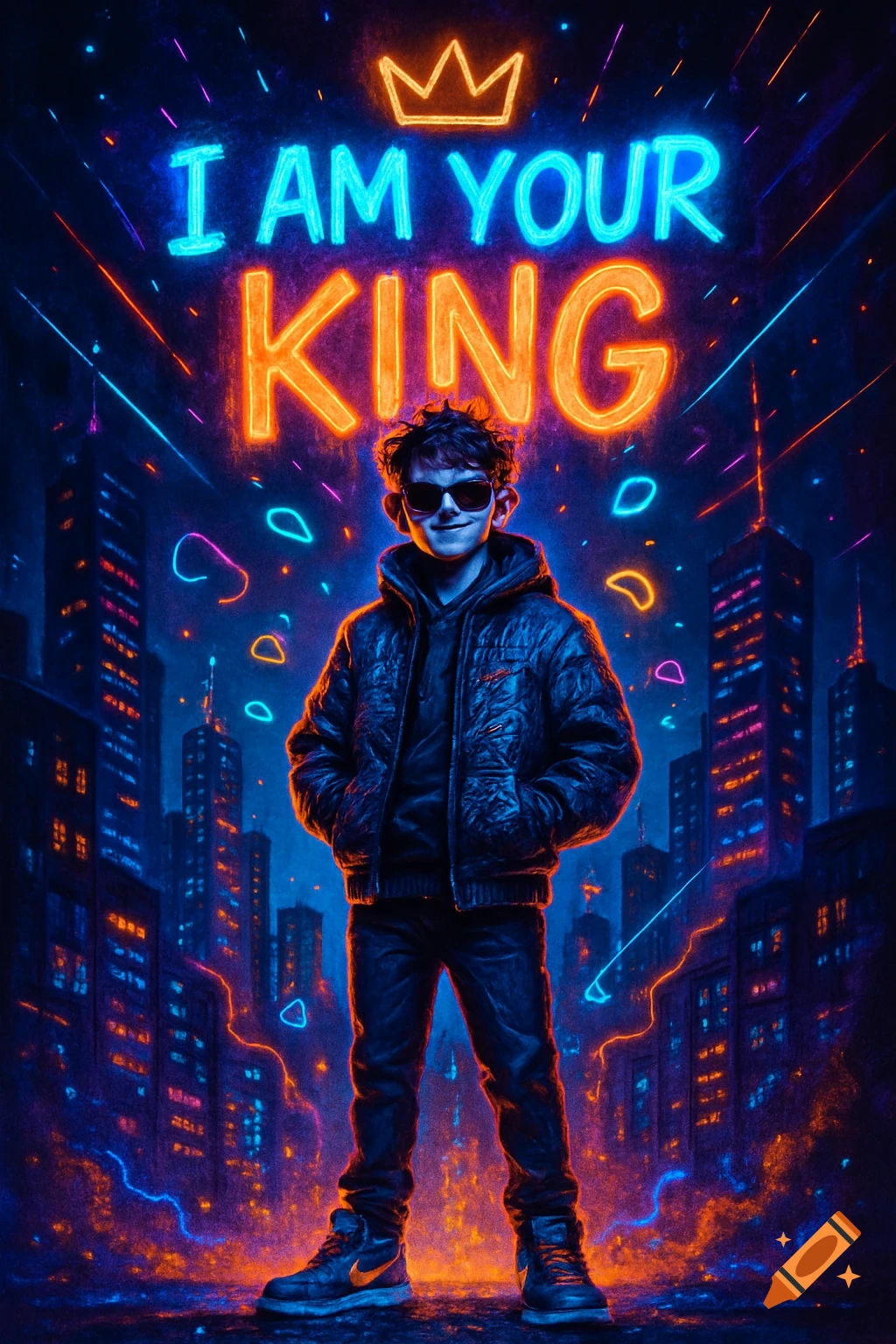 A child in sunglasses and a jacket stands in a neon-lit futuristic city under the words 'I AM YOUR KING'.