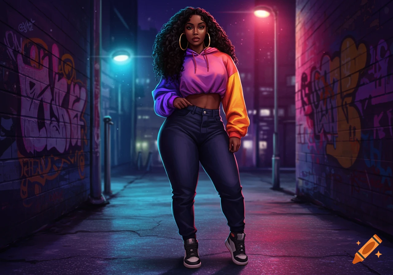 A confident African-American woman with curly hair and hoop earrings wears a colorful cropped hoodie and jeans in a neon-lit urban alley.