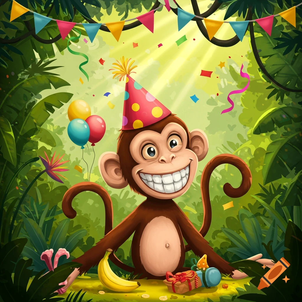 A cheerful cartoon monkey wearing a red party hat, surrounded by balloons, gifts, and confetti in a lush jungle setting.