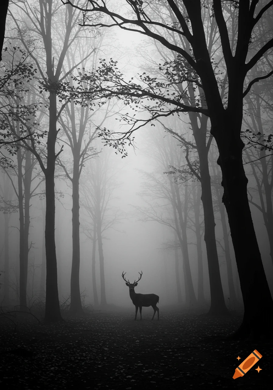A black and white photo of a deer standing in a misty, dark forest.