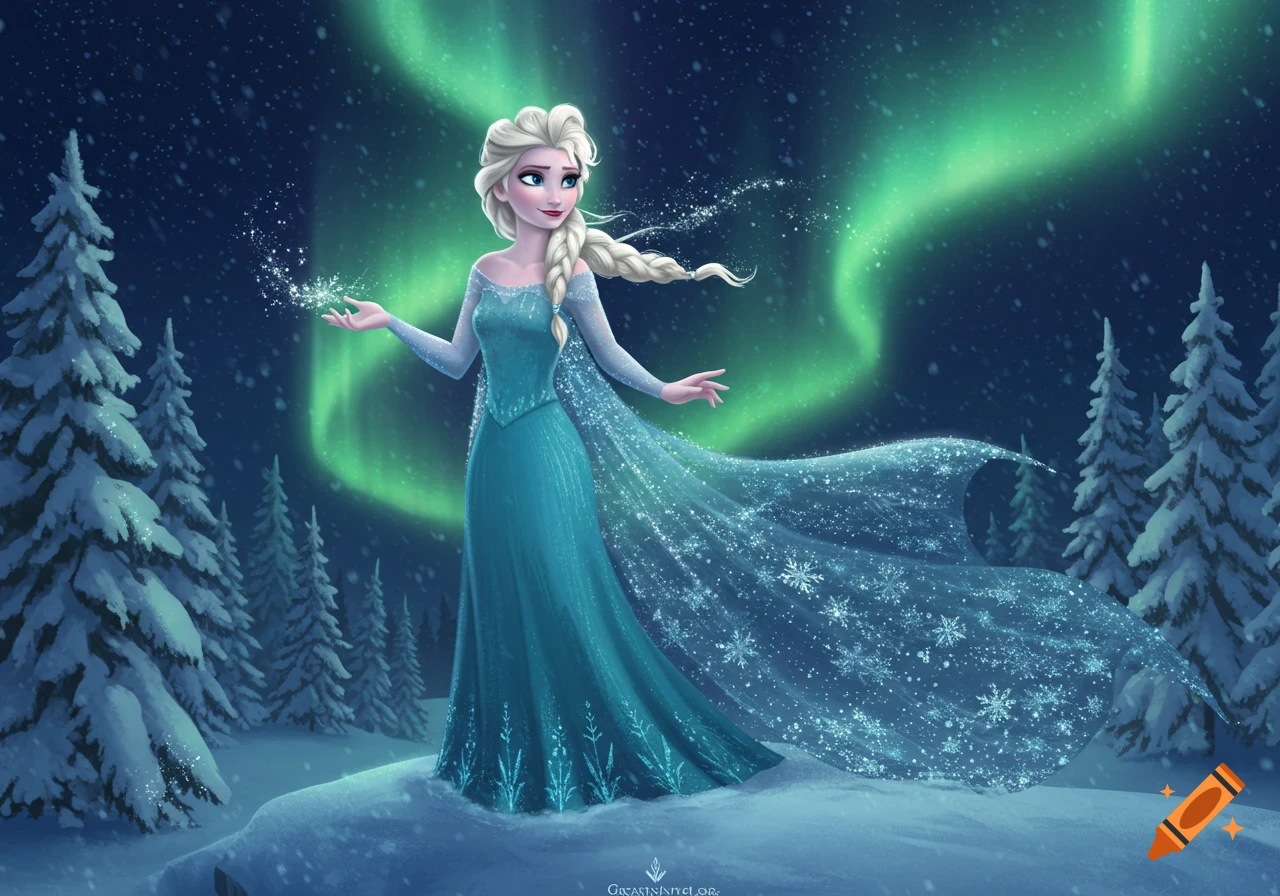 Elsa from Frozen stands in a snowy forest at night, casting ice magic as the green aurora borealis glows in the sky.