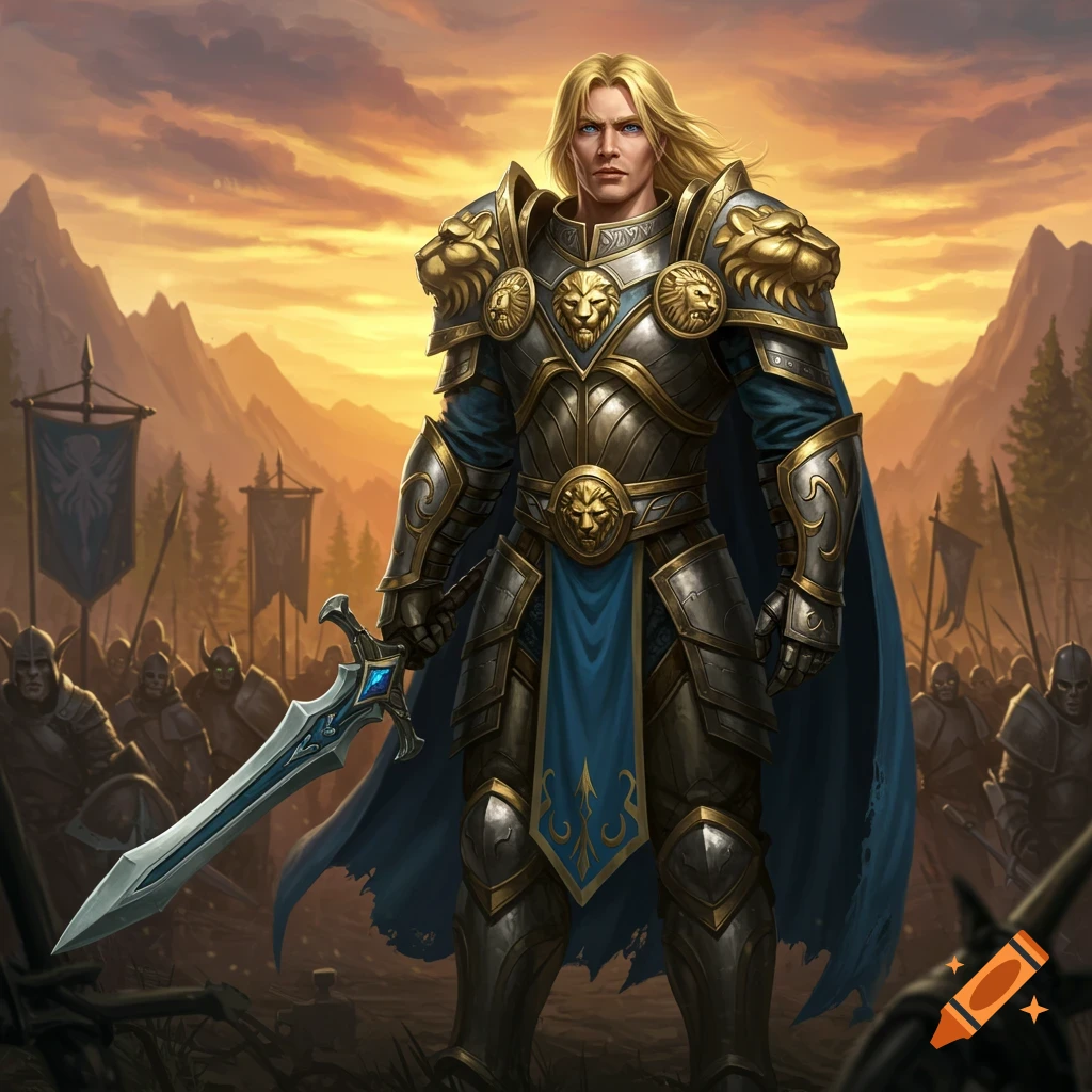 A man in ornate gold and silver fantasy armor holds a glowing sword before an army under a sunset sky.