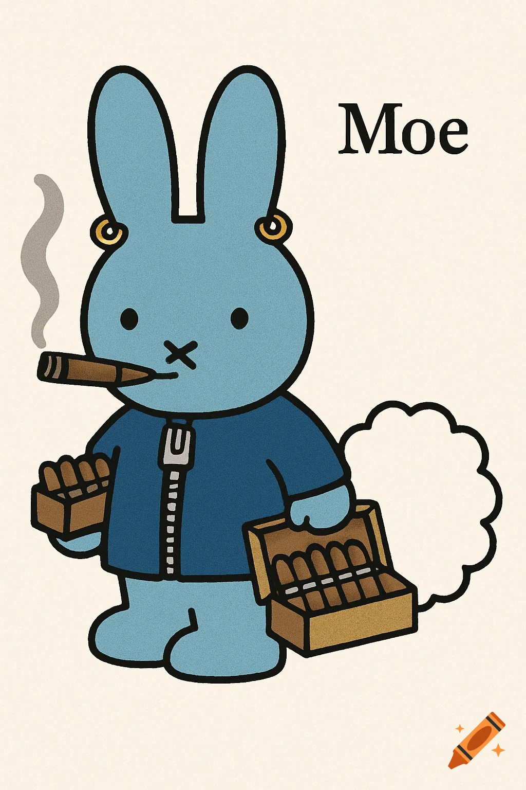 A blue Miffy-style bunny wearing a blue jacket with a zipper, smoking a cigar and holding two boxes of cigars. The word "Moe" is next to its head.