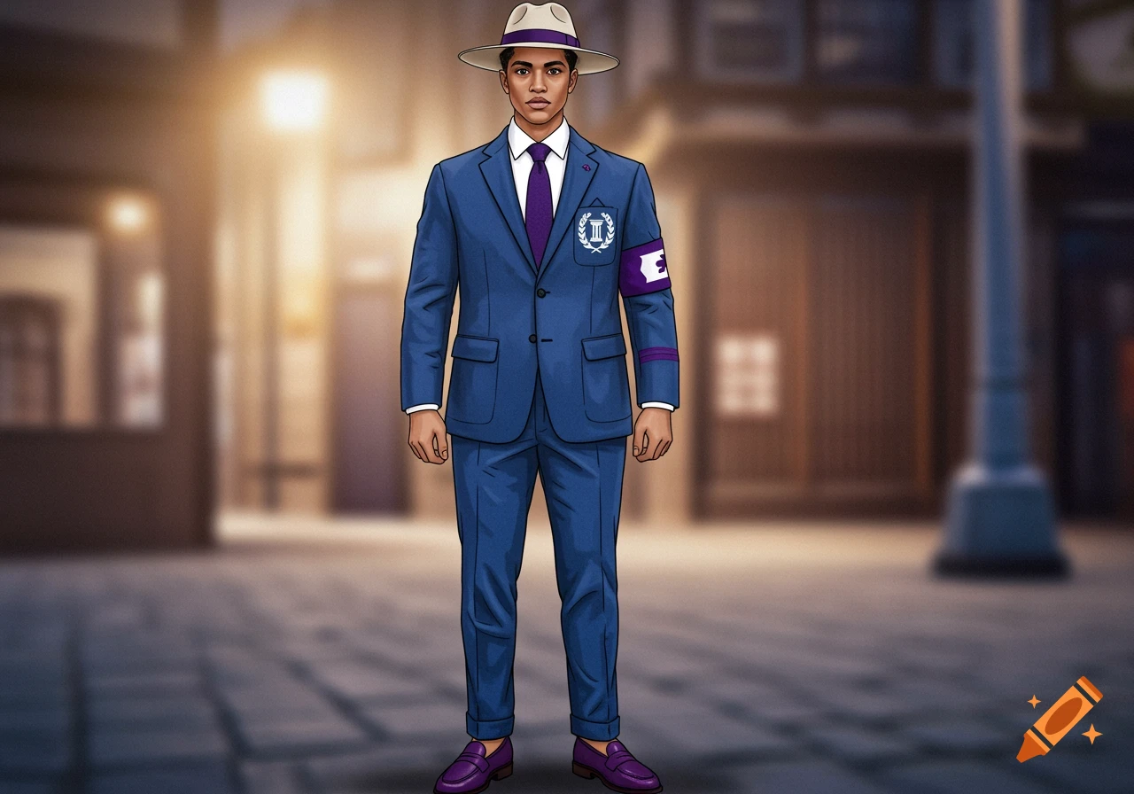 A man in a blue suit, white shirt, purple tie, and purple loafers, wearing a fedora, stands in a stylized urban setting.