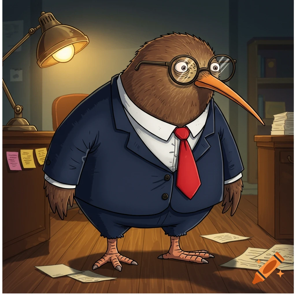 A cartoon kiwi bird wearing a business suit and glasses stands in an office with papers on the floor.
