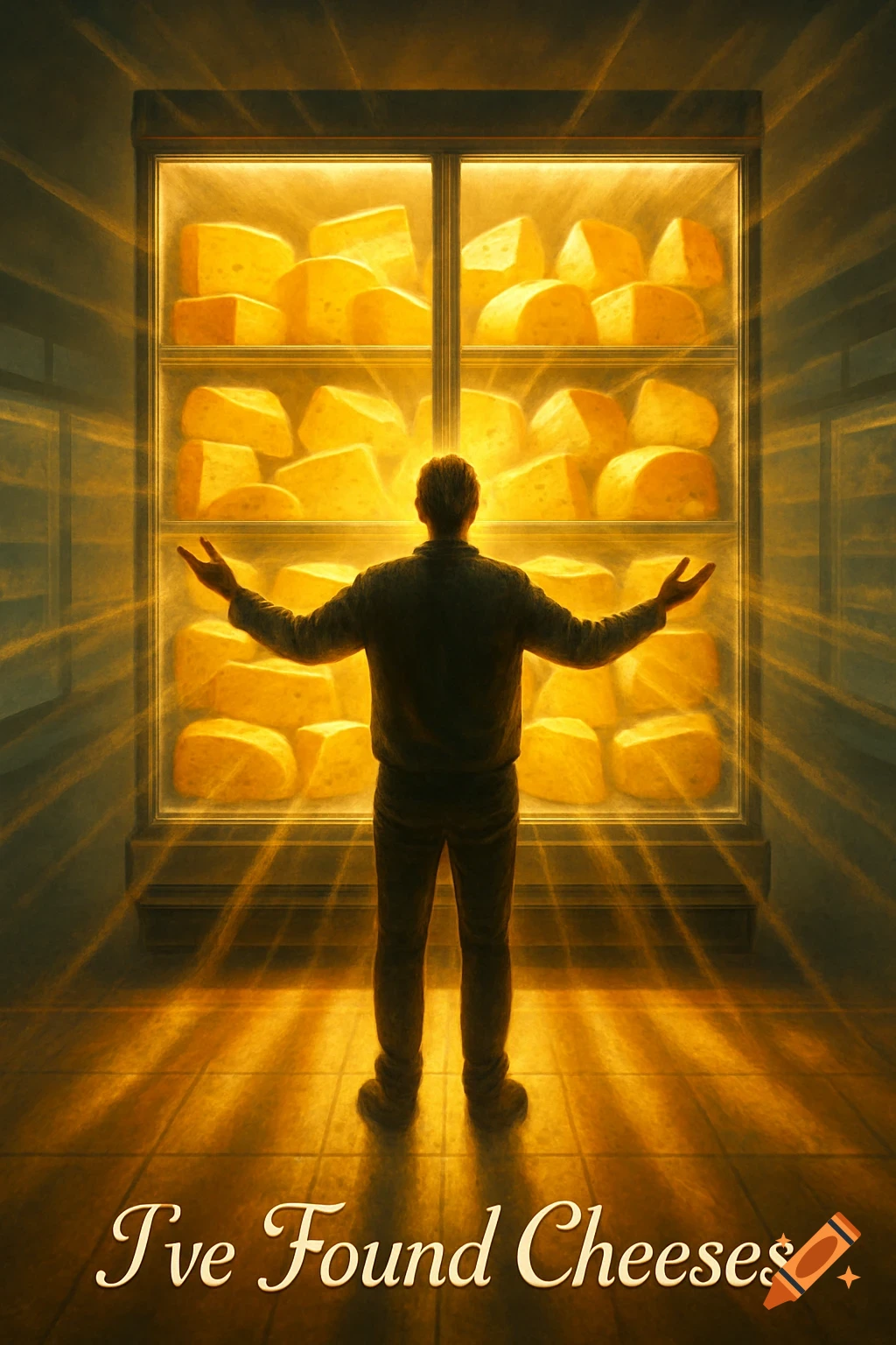 A man stands with outstretched arms before a brightly lit display case filled with many blocks of cheese, with the caption 'I've Found Cheeses' below.