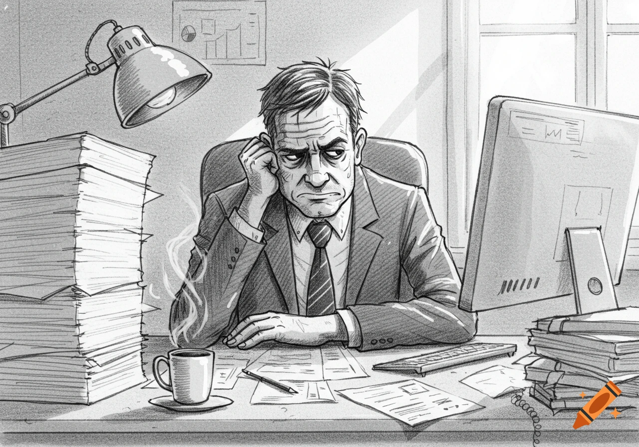 A black and white sketch of a stressed employee sitting at an office desk piled high with papers, a coffee cup, and a computer.