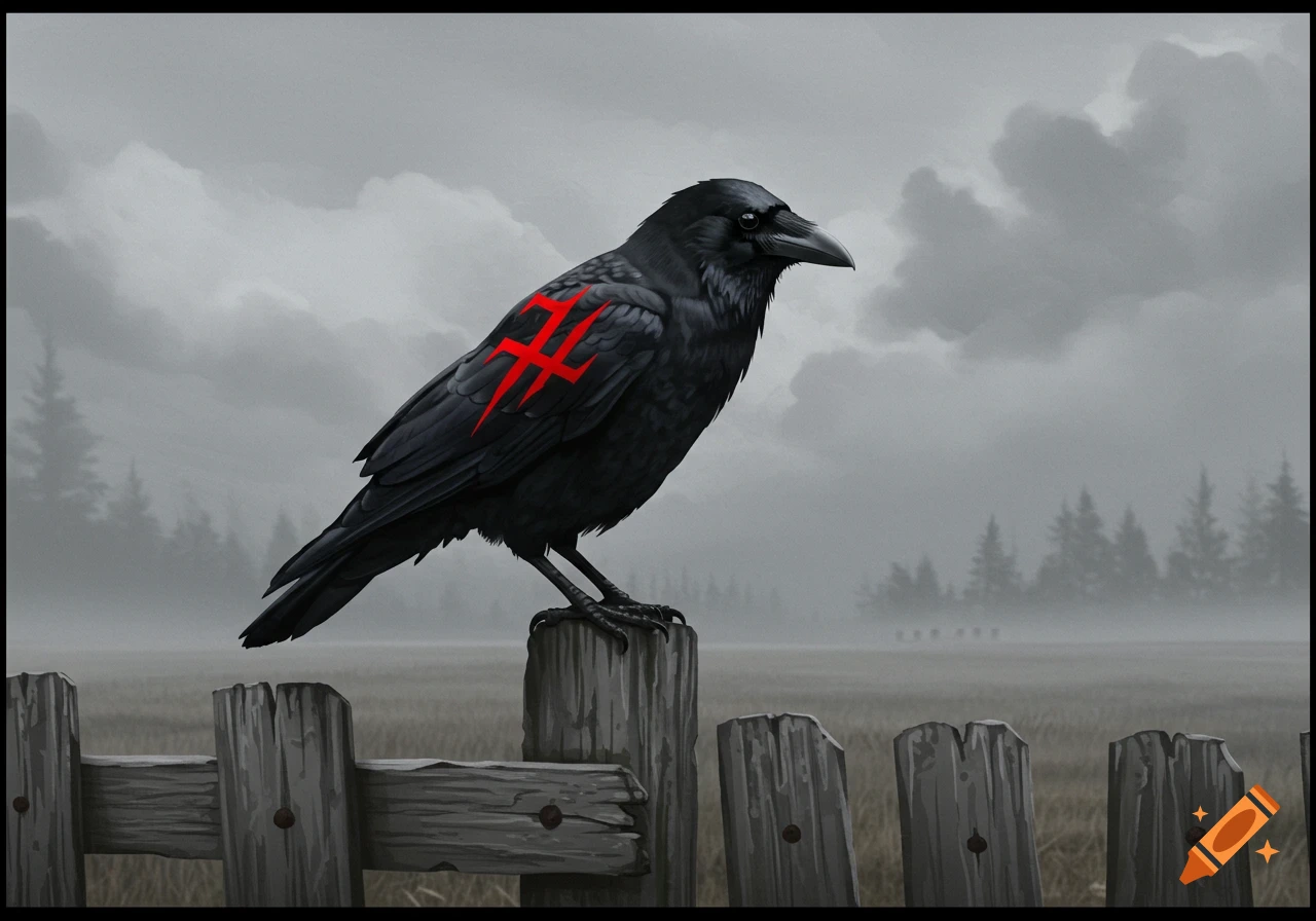 A black crow with a red stylized symbol on its wing perches on a wooden fence post under a grey, cloudy sky.