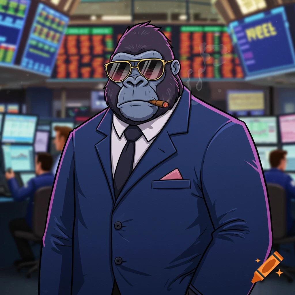Cartoon gorilla in a navy blue suit, aviator sunglasses, and smoking a cigar, stands in a stock trading room.
