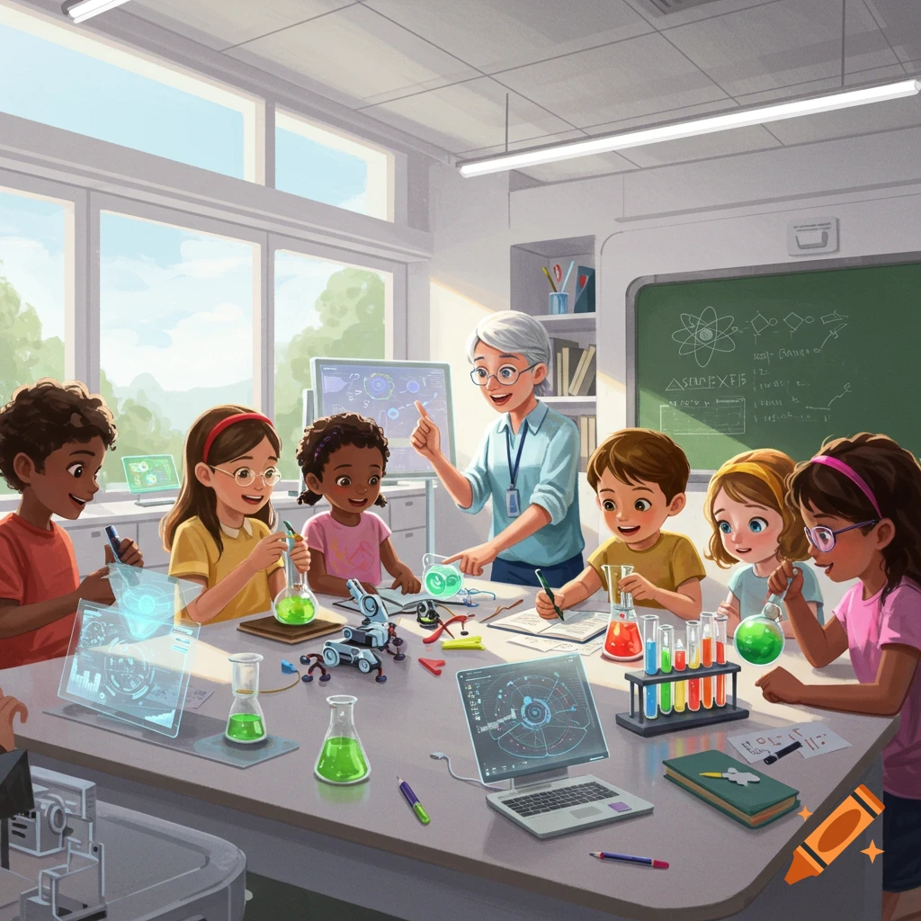 A group of diverse children are engaged in a science experiment with a smiling teacher in a bright classroom, surrounded by beakers, test tubes, and digital screens.