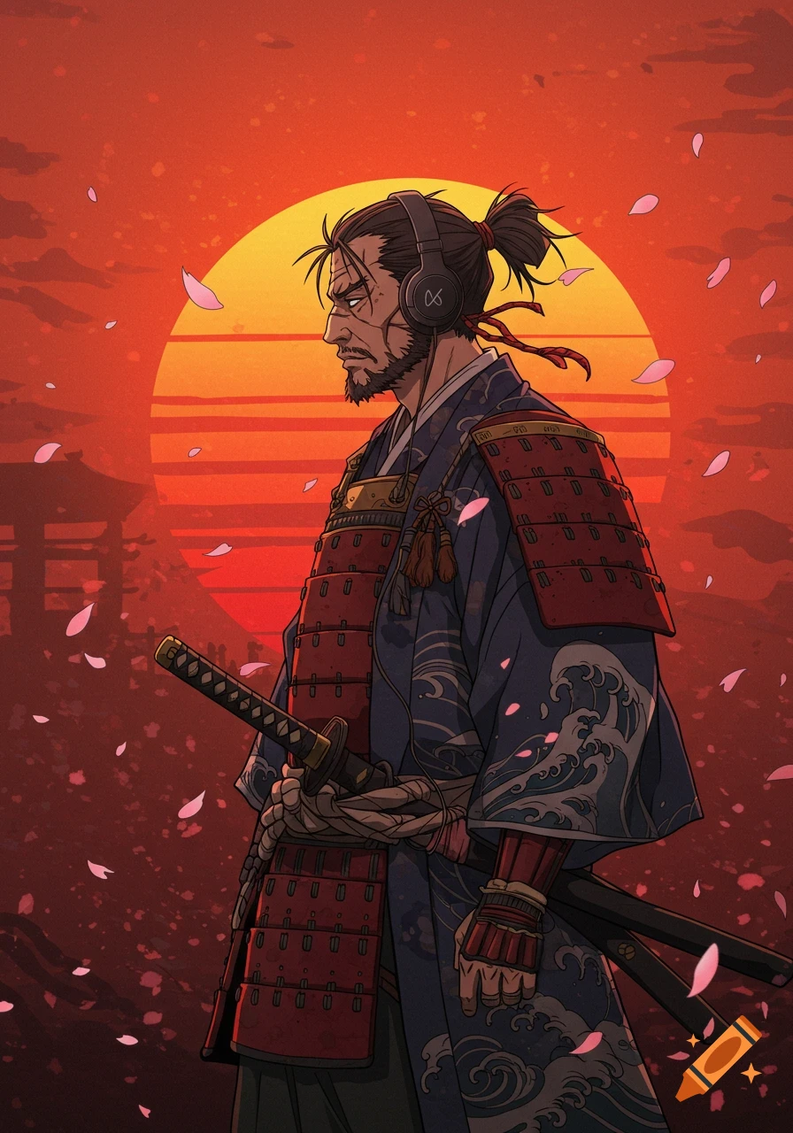 An anime-style samurai wearing headphones stands against a large red and orange sun, with cherry blossoms falling.