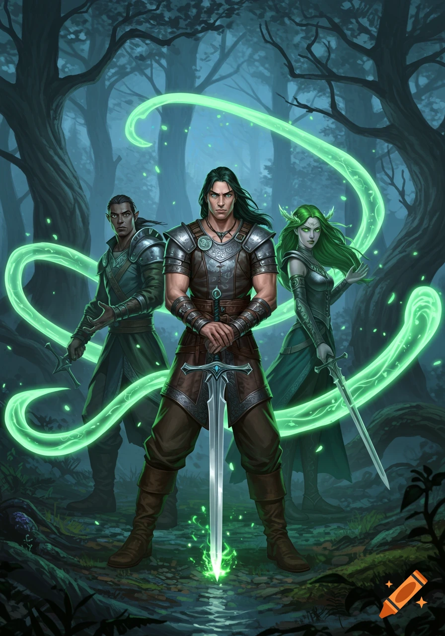 Three fantasy characters, two men and a green-haired woman, with swords and glowing green magic in a dark forest.