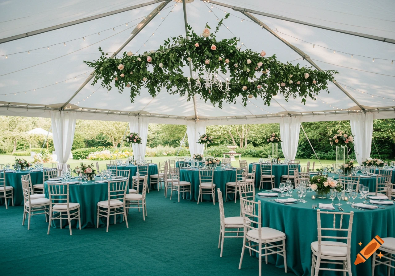 An elegant event canopy tent with round tables, teal tablecloths, white chairs, and floral arrangements, set in a green garden.