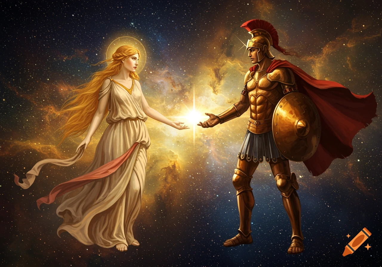 A golden-haired woman in a white gown and a man in golden armor reach to a bright light in a starry, nebula-filled cosmos.