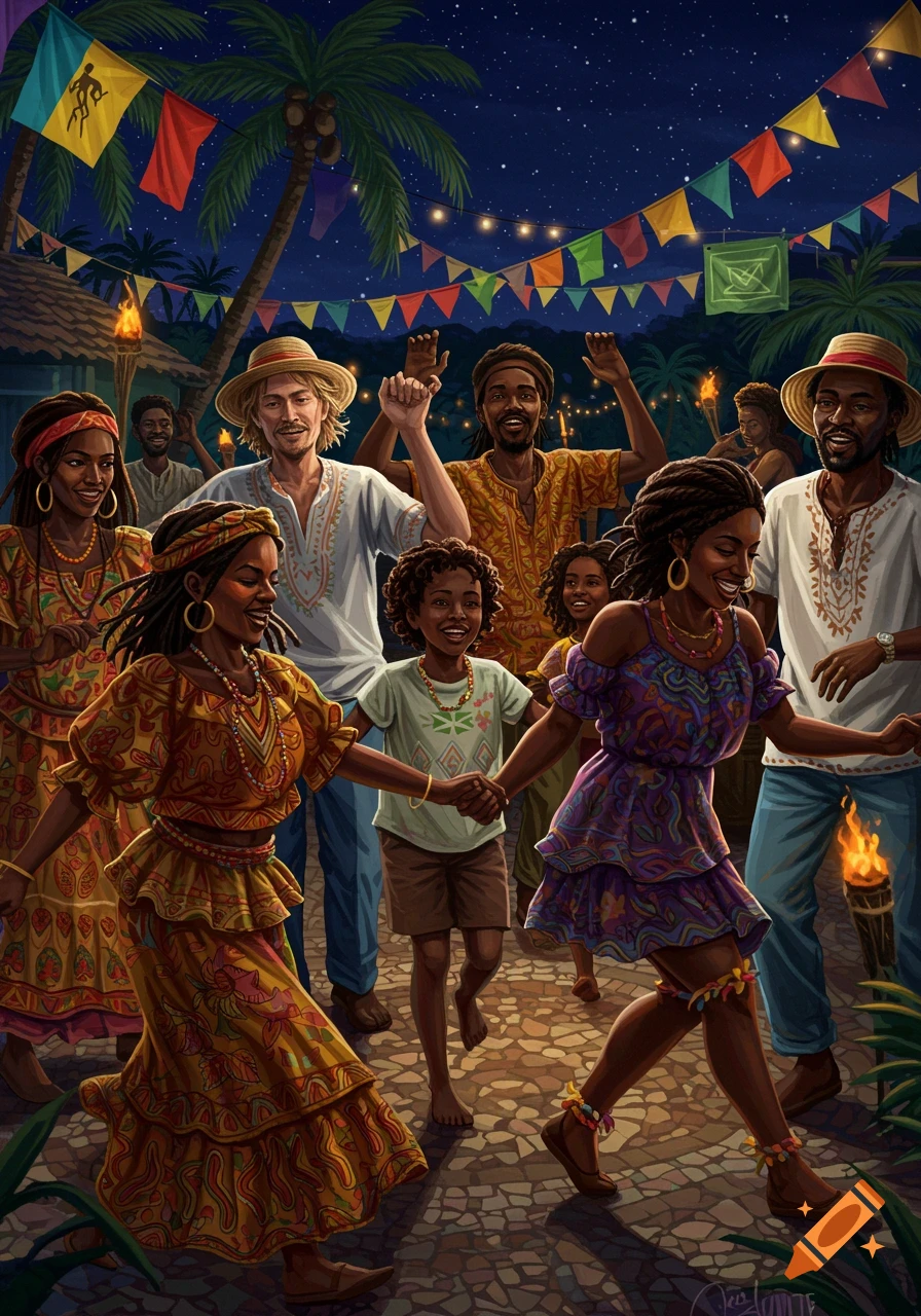 Vibrant illustration of a diverse group of people dancing at a nighttime cultural celebration with colorful flags and palm trees.