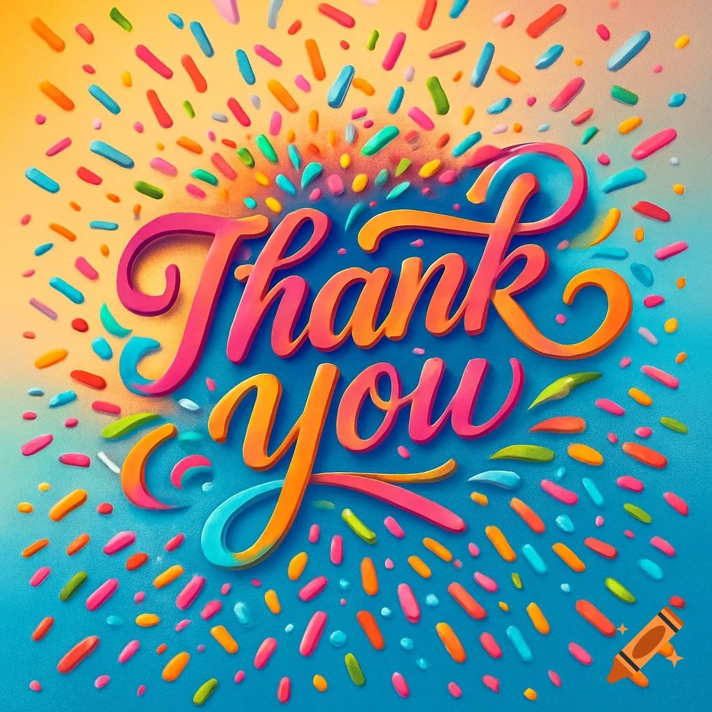Vibrant, colorful "Thank You" text in a playful script, surrounded by bright, scattered sprinkles on a gradient background.