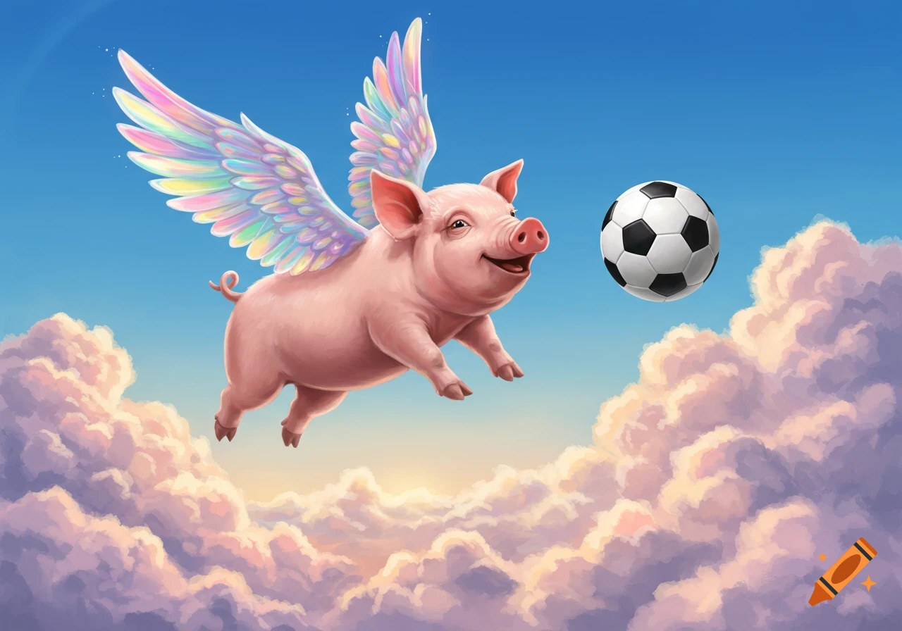 A cheerful pink pig with rainbow wings flies through a blue sky, playing soccer with a ball above fluffy clouds, in a whimsical cartoon style.