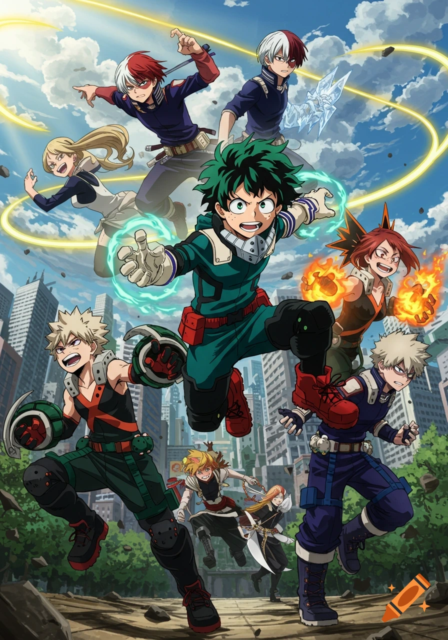 Dynamic anime illustration featuring multiple heroes from My Hero Academia in action poses, set against a city and sky background.